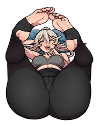 1girls akairiot alternate_hairstyle ass ass_focus bangs black_pants blush breasts cleavage collarbone commentary corrin_(fire_emblem) corrin_(fire_emblem)_(female) crop_top feet female female_only fire_emblem fire_emblem_fates foot_focus full_body grey_hair hair_between_eyes hairband high_ponytail highres huge_ass large_ass legs long_hair looking_at_viewer looking_to_the_side midriff nail_polish naughty_face nintendo no_shoes open_mouth outside_border pants plow_pose pointy_ears ponytail red_eyes red_nails smile solo stirrup_legwear thick_thighs thighs tight tight_pants toenail_polish toenails yoga_pants