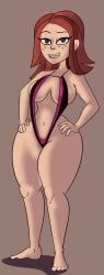 1girls abby_(dan_vs.) breasts dan_vs. facing_viewer female female_only freckles_on_face full_body looking_at_viewer medium_breasts partially_clothed pubic_hair_peek simple_background sling_bikini slingshot_swimsuit solo standing thick_thighs tool01k wide_hips