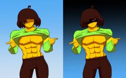 1boy abs buff clothed clothed_male covered_eyes deltarune green_shirt kris_(deltarune) male_only muscle muscles muscular muscular_male pandatarius pecs red_eyes six_pack teasing undertale undertale_(series)