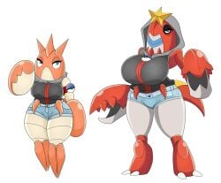 2girls anthro anthrofied big_breasts boobs breasts bulging_breasts claws corphish crab_claw crab_claws crab_girl crawdaunt crustacean crustacean_humanoid denim denim_bottomwear denim_shorts exoskeleton eyelashes female hood_down hood_up hoodie horns invertebrate jacket multiple_girls pokémon pokemon short_shorts shorts sleeveless sleeveless_hoodie sleeveless_jacket sleeveless_shirt sleeveless_topwear sweatshirt tagme thick thick_thighs tight_clothes tight_clothing tight_fit urusee584