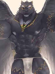 abs anthro asian_clothing black_body black_fur bulge clothing east_asian_clothing felid fundoshi fur genital_outline hi_res japanese_clothing lifewonders male male_only mammal muscular muscular_anthro muscular_male nipples pantherine pecs penis_outline salz_sop solo tezcatlipoca tokyo_afterschool_summoners underwear video_games wet wet_clothing wings