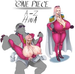 1boy 1girls angry areolae breasts cleavage cum_in_pussy cumming erect_nipples erection female female_focus gigantic_breasts high_heel_boots high_heels hina_(one_piece) huge_breasts large_areolae male marine_(one_piece) nipples one_piece penis pink_hair rape reverse_suspended_congress sex shackles shounen_jump spread_legs stand_and_carry_position straight sunnysundown torn_clothes trembling