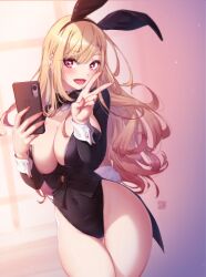 1girls blonde_hair bunny_ears bunny_girl cellphone female female_only kitagawa_marin large_breasts mitsu_art red_eyes selfie solo sono_bisque_doll_wa_koi_wo_suru thighs