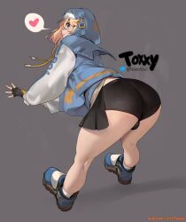 1boy balls blonde_hair blue_eyes blush bridget butt_attack eye_contact femboy guilty_gear guilty_gear_strive human light_skin long_hair looking_at_viewer looking_back male_only pale_skin shorts solo spandex_shorts spoken_heart thick_thighs thighs toxxy