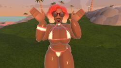 1girls 3d bikini bikini_bottom bikini_top curvy curvy_female dark-skinned_female dscvdscv_(recroom) facing_forward facing_viewer female female_focus glasses gradient_hair happy heart_eyes horny large_breasts micro_bikini necktie neckwear palm_tree posing rec_room red_bikini red_hair rocks shoreline solo solo_female solo_focus tiki_torch virtual_reality white_highlights wristband wristwear