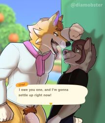 2020 against_wall animal_crossing anthro chief_(animal_crossing) dialogue diamobster gay male/male male_only nintendo penis pubic_hair seducing steamy_breath taller_male tongue tongue_out wayne