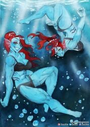 2d absurd_res animal_humanoid ass bikini breasts cleavage clothed clothing duo eye_patch eyewear female hair hi_res humanoid marine marine_humanoid murazaki red_hair scar swimwear undertale undertale_(series) underwater undyne upside-down water