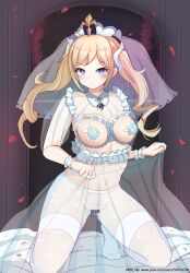 alien_adviser barbara_(genshin_impact) blonde_hair blue_eyes breasts flower genshin_impact medium_breasts navel nun pantyhose pasties twintails wedding_dress white_pantyhose