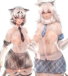 2girls animal_ears animal_print arms_at_sides bangs black_hair blue_eyes blush breasts cat_girl chestnut_mouth collared_shirt colored_inner_hair commentary_request covered_nipples cowboy_shot dripping ears_down elbow_gloves extra_ears fur_collar garter_straps gloves hair_between_eyes hands_up height_difference highres huge_breasts kemono_friends large_breasts lion_ears lion_girl lion_tail long_hair looking_at_viewer medium_hair microskirt miniskirt multicolored_hair multiple_girls necktie nipples no_bra oerba_yun_fang open_mouth pantyhose parted_lips plaid plaid_necktie plaid_skirt plaid_sleeves plaid_trim print_gloves print_legwear see-through see-through_shirt shibori_kasu shirt shirt_tucked_in side-by-side sidelocks simple_background skirt stomach tail taut_clothes taut_shirt thighhighs tiger_ears tiger_girl tiger_print tiger_tail tsurime two-tone_hair wet wet_clothes wet_face wet_hair wet_shirt white_background white_hair white_lion_(kemono_friends) white_shirt white_tiger_(kemono_friends) white_tiger_print wing_collar zettai_ryouiki