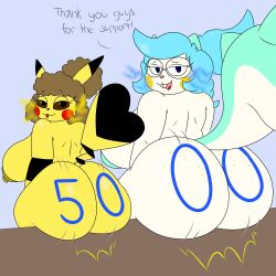 2girls anthro big_ass big_breasts breasts bubble_butt cosplay_pikachu female hi_res huge_ass multiple_girls pachirisu pikachu pokémon_(species) pokemon tagme text thixxen