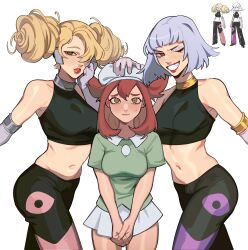 2022 3girls absurd_res annie_(pokemon) armpits bare_arms bare_shoulders beret bianca_(pokemon_heroes) blonde_hair blue_eyeshadow blue_hair blush breasts brown_eyes brown_hair clothed clothing crop_top drill_hair elbow_gloves embarrassed eyeshadow fangs female female_only girl_sandwich gloves grin hair_between_eyes hair_over_one_eye hand_on_head hands_together hat head_pat highres interlocked_fingers kanon_(pokemon) large_breasts lion_(pokemon) lipstick long_hair looking_at_viewer makeup matching_hair/eyes medium_breasts midriff miniskirt multiple_girls navel nintendo oakley_(pokemon) one_eye_closed pants pokemon pokemon_(anime) pokemon_(movie) pokemon_heroes:_latios_and_latias porqueloin purple_gloves red_eyes red_lipstick reference_image sandwiched seductive shirt short_hair simple_background skindentation skirt sleeveless sleeveless_shirt smaller_female smile standing sweat sweatdrop teeth thighs tied_hair tight_clothing tight_pants twin_drills twintails v_arms white_background wink yellow_eyes zanner_(pokemon)