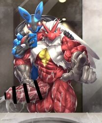 abs biceps blaziken censored censored_penis cum_on_mirror excessive_cum furry gay hyper hyper_balls hyper_genitalia hyper_penis hyper_testicles kurogonart kuroma lucario male male_focus male_only mirror muscle muscles muscular muscular_arms muscular_ass muscular_back muscular_legs muscular_male muscular_thighs nipples pecs pokémon_(species) pokemon pokemon_(species) selfie veins veiny_penis