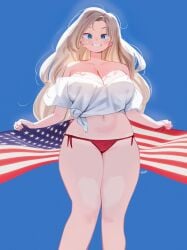 1girls 2022 american_flag artist_name bare_arms bare_shoulders bikini bikini_bottom blonde_hair blue_background blue_eyes breasts crop_top female female_only flag grin groin highres holding_flag holding_object large_breasts long_hair looking_at_viewer navel off-shoulder_shirt off_shoulder original outdoors red_bikini ryusei_hashida shirt side-tie_bikini signature simple_background sky smile solo standing swimsuit teeth thick_thighs thighs tied_hair very_long_hair white_shirt wide_hips