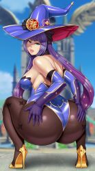 abyssdagon ass big_ass big_lips bodysuit genshin_impact hat heels high_heels huge_ass large_ass large_breasts lips looking_back mona_(genshin_impact) squatting thick_lips