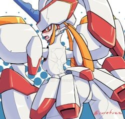 1girls ass ass_cheeks blush blushing butt darling_in_the_franxx female female_only no_pussy no_vagina no_visible_genitalia orange_eyes robot robot_girl robot_humanoid shoulder_pads solo solo_female strelizia white_body