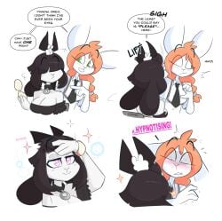 2girls abbi_(kilinah) anthro big_breasts black_hair blush blush_lines blushing breasts collar comic dialogue eyes eyes_open female kilinah lagomorph lifting_hair orange_hair oreo_(kilinah) original pink_eyes smile smiling smiling_at_another smiling_at_partner speech_bubble surprised tagme text unexpected