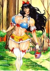 1girls big_breasts black_hair blue_corset disney disney_princess ed_benes_studio ednardo_ferreira holding_apple long_hair looking_at_viewer running seductive_smile snow_white_(disney) snow_white_and_the_seven_dwarfs solo_female