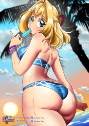 1girls ass back_view beach bikini blonde_hair eating female female_only fiora_(xenoblade) green_eyes hi_res ice_cream long_hair looking_at_viewer looking_back nintendo palm_tree popsicle sasatseng sea solo solo_female sun xenoblade_(series) xenoblade_chronicles