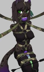 2022 absurd_res anthro arms_tied ball_gag biped bondage bondage bound breasts brown_hair camo camo_print felid feline female fur gag gagged green_eyes hair hands_behind_back harness harness_ball_gag harness_gag hi_res legs_tied mammal moddish muzzle_(object) purple_ball_gag sex_toy simple_background solo spots spotted_body spotted_fur submissive submissive_anthro submissive_female vibrator