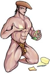 abs bara black_hair bread bread_slice briefs brown_hair bulge butter butter_knife danganronpa danganronpa:_trigger_happy_havoc danganronpa_1 danganronpa_s:_ultimate_summer_camp drawfag drawthread_request erection jaguar_print male male_focus male_nipples male_only meme mondo_oowada muscle muscles muscular muscular_male nipples pecs pink_nipples sole_male solo solo_male thong underwear video_games white_background white_eyes