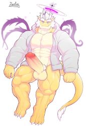 4_toes abs anthro big_penis clothed clothing darkai darkai_(character) erection feet genitals halo hi_res hoodie horn huge_cock hyper hyper_genitalia hyper_penis male muscular muscular_anthro muscular_male muscular_thighs open_clothing open_hoodie open_topwear paws pecs penis solo toes topwear unzipped