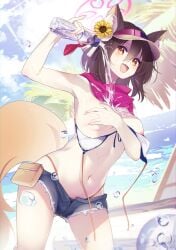 :d absurdres allied_hyakkiyako_academy_student animal_ear_fluff animal_ears armpits beach bikini blue_archive blue_sky blush bottle breast_hold breasts brown_hair cloud cloudy_sky covering covering_breasts cowboy_shot day denim denim_shorts ears_through_headwear female flower fox_ears fox_girl fox_tail hair_between_eyes hair_flower hair_ornament halo hat highres holding holding_bottle izuna_(blue_archive) izuna_(swimsuit)_(blue_archive) long_hair looking_at_viewer medium_breasts navel ocean open_mouth orange_eyes outdoors pouring pouring_onto_self ramune scarf short_hair short_shorts shorts sky smile solo standing sunflower sunlight suwakana swimsuit tail thighs visor_cap water yellow_eyes yellow_flower