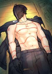 abs body_writing bodypaint bondrewd dilf gloves helmet hospital_bed made_in_abyss male male_only mask masked masked_male necklace on_back operating_table pecs scars solo toned toned_male topless topless_male torn_clothes whistle_around_neck