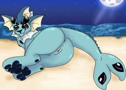 anus beach blue_body eeveelution female feral generation_1_pokemon genitals light looking_at_viewer lying moon moonlight night nintendo peachcreamsicle pokemon pokemon_(species) pussy seaside solo vaporeon video_games