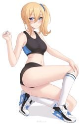 1girls ass belly belly_button black_clothing blonde_hair blue_eyes breasts crop_top female female_only fingernails fully_clothed hayasaka_ai kaguya-sama_wa_kokurasetai_~tensai-tachi_no_renai_zunousen~ legs looking_at_viewer medium_breasts nail_polish pose posing shellvi shorts simple_background sneakers socks solo sport sports_bra sportswear tight_clothing tights white_background white_skin yellow_hair