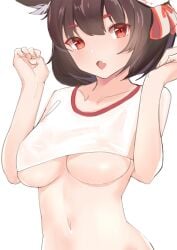 1girls animal_ears arms_up artist_request azur_lane belly belly_button blush breasts brown_hair cat_ears crop_top fangs female female_only hair_between_eyes hair_ribbon hands_up looking_at_viewer medium_breasts navel oerba_yun_fang red_eyes see-through see-through_clothing see-through_top see_through short_hair solo solo_female stomach topwear underboob upper_body wet wet_body wet_clothes yamashiro_(azur_lane)