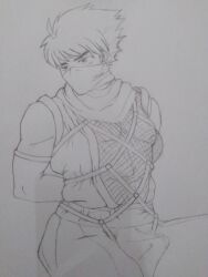 bulge drawfag drawthread_request erection erection_under_clothes male male_focus male_only mask nervous strider_(video_game) strider_hiryu tied traditional_art traditional_media traditional_media_(artwork)