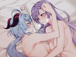 2girls after_sex ahoge bed_sheet blue_hair blush breasts closed_mouth collarbone completely_nude cuddling eye_contact female ganyu_(genshin_impact) genshin_impact goat_horns hair_down heart hickey horns keqing_(genshin_impact) long_hair looking_at_another lying medium_breasts multiple_girls negom nude on_side pillow purple_hair red_eyes smile spoken_heart sweat upper_body wholesome yuri