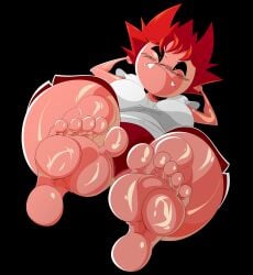 2019 black_background black_sclera blush breasts ceegee color fangs feet foot_fetish foot_focus frown gym_uniform hands_behind_head heatri_(ceegee) low-angle_view no_nose oc original original_character pink_body pink_skin red_hair shiny shiny_feet shiny_skin simple_background soles thick_thighs thighs underneath white_eyes worm's-eye_view