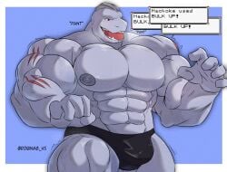 2022 abs absurd_res anthro bara barazoku biceps big_bulge big_muscles big_nipples big_pecs blue_background bodily_fluids border breath bulge clothing drooling english_text flexing gameplay_mechanics generation_1_pokemon growth hi_res huge_bulge huge_muscles huge_thighs machoke male male_only muscle_growth muscular muscular_anthro muscular_male narrowed_eyes navel nintendo nipples obliques open_mouth open_smile panting pecs pokemon pokemon_(species) quad robinmg_45 saliva simple_background smile solo standing sweat teeth text text_box thick_thighs thong tongue tongue_out underwear url vein video_games white_border