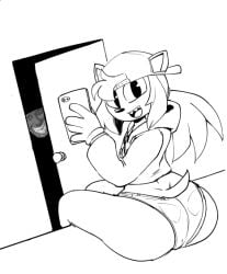 2boys 4chan anthro cap danon deceiveranon exeg-tan holding_object intruder jacket looking_at_viewer looking_back male mirror_selfie mobian_(species) phone sharp_teeth shorts sitting sonic.exe sonic_(series) sonic_the_hedgehog_(series) tail taking_selfie thick thick_ass thick_thighs thighs