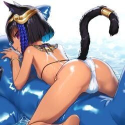 animal_ears armpits ass back bikini black_hair blue_hair bob_cut bracelet braid cameltoe cat_ears cat_girl cat_tail closed_mouth dark-skinned_female dark_skin day earrings egyptian egyptian_clothes egyptian_female female flat_chest headgear highres inflatable_dolphin inflatable_toy jewelry kawakami_rokkaku looking_at_viewer lying multicolored_hair nejet_(kawakami_rokkaku) ocean on_stomach original outdoors pussy_visible_through_bikini pussy_visible_through_clothes pussy_visible_through_swimsuit pussy_visible_through_thong red_eyes revision short_hair shoulder_blades smile solo straddling swimsuit tail two-tone_hair usekh_collar water wet white_bikini