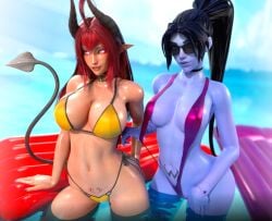 3d adeptusinfinitus beach big_breasts bikini blender blue_hair blue_skin choker cleavage elf_ears fit_female glowing_eyes hips horns midriff original_character overwatch pointy_ears posing pubic_tattoo red_hair sinia sling_bikini succubus succubus_horns succubus_tail succubus_tattoo sunglasses tail tattoo tinted_eyewear widowmaker