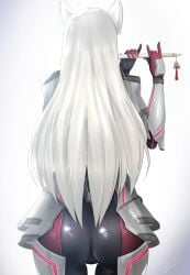 1girls ass ass_focus bodysuit bubble_butt cameltoe catgirl dat_ass dizuitplus female female_only long_hair m_(xenoblade) mio_(xenoblade) rear_view skin_tight white_hair xenoblade_(series) xenoblade_chronicles_3