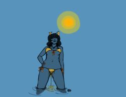 1girls alternate_version_available aranea_serket beach bikini black_hair blue_background blue_lips blue_skin ceruleansilk fangs hand_on_hip homestuck horns intentional_pants_wetting ms_paint_adventures navel_piercing necklace orange_nails peeing peeing_in_swimsuit peeing_self peeing_swimsuit short_hair solo standing_in_water sun swimsuit swimwear troll wetting wetting_self