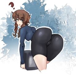 amane_suzuha ass big_ass big_butt bike_shorts black_shorts braid braided_hair brown_hair carrying_object crt dumptruck_ass female female_focus female_only fluffy_hair holding_object jonyeld leaning_forward looking_back looking_over_shoulder puzzled round_butt shiny_ass steins;gate television tomboy track_jacket tv twin_braids