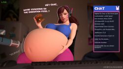 1girls 3d asian asian_female belly belly_stuffing big_belly big_breasts bloated bloated_belly breasts brown_hair d.va fat female food hand_on_belly huge_belly livestream microphone mukbang obese overwatch ready_to_pop sirsaltshaker stomach_noises stuffed stuffed_belly stuffing text