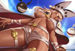 1girls abs armbands belt big_breasts blonde_hair breasts cape cleavage clothed clothed_female dark-skinned_female dark_skin exlic female female_only garter_belt guilty_gear large_breasts looking_at_viewer looking_up low-angle_view nipple_bulge non-nude outdoors outside ramlethal_valentine short_shorts shorts solo standing sweat thick_thighs thigh_strap unbuttoned_pants unbuttoned_shorts underboob wide_hips