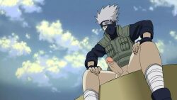 1boy clothed edit editfag erect_penis erection genitals hatake_kakashi male male_only naruto naruto_(series) outdoors outside retracted_foreskin screencap screenshot screenshot_edit solo uncut white_hair