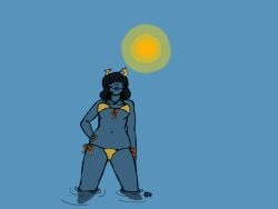 1girls alternate_version_available aranea_serket beach bikini black_hair blue_background blue_lips blue_skin ceruleansilk fangs hand_on_hip homestuck horns ms_paint_adventures navel_piercing necklace orange_nails short_hair solo standing_in_water sun swimsuit swimwear troll