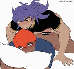 2boys anal anal_sex animated bara black_hair blue_eyes blush dark-skinned_male dark_skin gay heart-shaped_pupils holding_object holding_pillow human leon_(pokemon) long_hair male male/male male_only moaning pillow pointless_censoring pokemon pokemon_ss purple_hair raihan_(pokemon) thrusting yaoi
