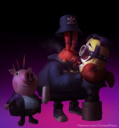 adidas cigarette crab crossover crustacean cursedmayo drink eyes_closed making_out minion mr_krabs peppa_pig peppa_pig_(character) pig spongebob_squarepants weird_crossover