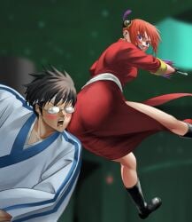 1boy 1girls accidental_circumstance aged_up ass big_ass blue_eyes blush boots bun_cover canon canonical_scene china_dress chinese_clothes embarrassed female fully_clothed gintama glasses hair_ornament japanese_clothes kagura_(gintama) looking_back male orange_hair shimura_shinpachi side_slit surprised