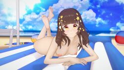 3d ass beach breasts brown_hair completely_naked completely_nude completely_nude_female feet koikatsu lying_on_stomach mimibits nipples nude outdoors sea stars twitch twitter virtual_youtuber yellow_eyes youtube