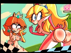 2017 absurd_res blonde_hair bodysuit breasts_out brown_hair bubble_butt butthole clothing color commission digital_media_(artwork) exhibitionism female handwear human jumpsuit latex latex_gloves mario_(series) mario_kart neckwear nintendo nipples norehana_art pale_skin princess_daisy princess_peach pussy racing_suit uncensored unzipped unzipped_bodysuit