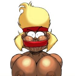 2022 alternate_version_at_source areola areolae ball_gag big_breasts blonde_hair bound breasts brown_body brown_skin captured captured_heroine carol_(ok_k.o.!_let's_be_heroes) carol_kincaid cartoon_network ceegee color eyebrows hands_behind_back headband nipples ok_k.o.!_let's_be_heroes shiny shiny_breasts shiny_skin simple_background simple_eyes sweat white_background white_sclera